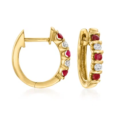 Ross-simons Ruby And . Diamond Huggie Hoop Earrings In 14kt Yellow Gold In Red