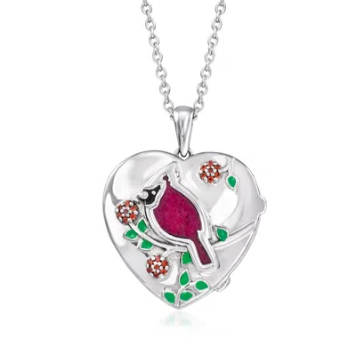 Ross-simons Ruby And . Garnet Cardinal Floral Locket Necklace With Multicolored Enamel In Sterling Silver