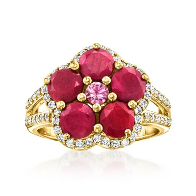 Ross-simons Ruby And . Pink Sapphire Flower Ring With . White Topaz In 18kt Gold Over Sterling In Red