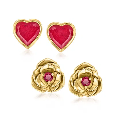 Ross-simons Ruby And . Rhodolite Garnet Jewelry Set: Heart And Flower Earrings In 18kt Gold Over Sterling In Multi