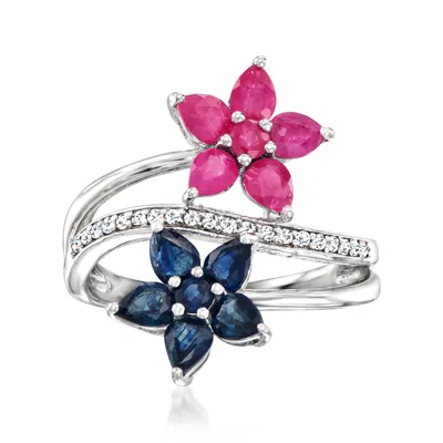 Ross-simons Ruby And . Sapphire Flower Bypass Ring With . Diamonds In Sterling Silver In Purple