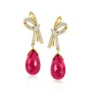 Ross-simons Ruby Bow Drop Earrings With White Topaz In 18kt Gold Over Sterling In Red