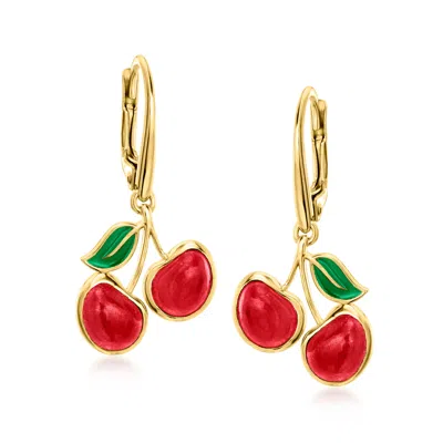 Ross-simons Ruby Cherry Drop Earrings With Green Enamel In 18kt Gold Over Sterling