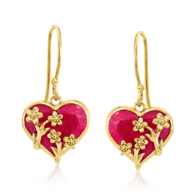 Ross-simons Ruby Heart And Floral Drop Earrings In 18kt Gold Over Sterling