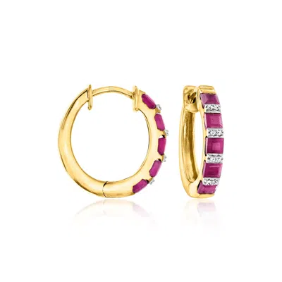 Ross-simons Ruby Hoop Earrings With Diamond Accents In 18kt Gold Over Sterling In Red