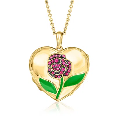 Ross-simons Ruby Rose Heart Locket Necklace With Green Enamel In 18kt Gold Over Sterling In Multi