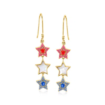 Ross-simons Ruby, . Sapphire And Mother-of-pearl Star Drop Earrings With Red And Blue Enamel In 18kt Gold Over S