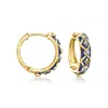 Ross-simons Sapphire And Blue Enamel Fleur-de-lis Hoop Earrings In 18kt Gold Over Sterling In Blue
