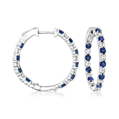 Ross-simons Sapphire And Diamond Inside-outside Hoop Earrings In Sterling Silver In White