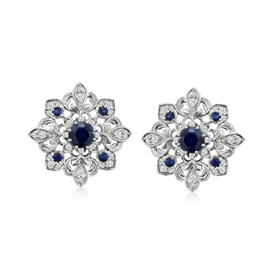 Ross-simons Sapphire And . Diamond Milgrain Earrings In Sterling Silver In Blue