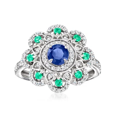 Ross-simons Sapphire, . Emerald And . Diamond Ring In Sterling Silver In Blue