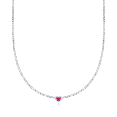Ross-simons Simulated Ruby Heart Necklace With Czs In Sterling Silver In Multi