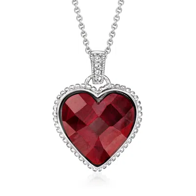 Ross-simons Simulated Ruby Heart Pendant Necklace With Cz Accents In Sterling Silver In Metallic