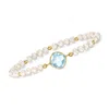 Ross-simons Sky Blue Topaz And 4-5mm Cultured Pearl Bracelet In 14kt Yellow Gold In Blue