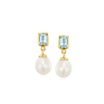 Ross-simons Sky Blue Topaz And 8.5-9mm Cultured Pearl Drop Earrings In 18kt Gold Over Sterling In Brown