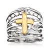 Ross-simons Sterling Silver And 14kt Yellow Gold Multi-row Cross Ring In White