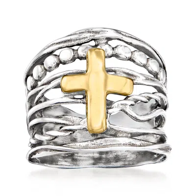Ross-simons Sterling Silver And 14kt Yellow Gold Multi-row Cross Ring In White