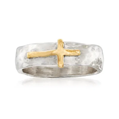 Ross-simons Sterling Silver And 14kt Yellow Gold Sideways Cross Ring In White