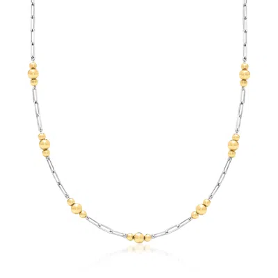 Ross-simons Sterling Silver And 18kt Gold Over Sterling Alternating Paper Clip Link And Bead Station Necklace In Metallic
