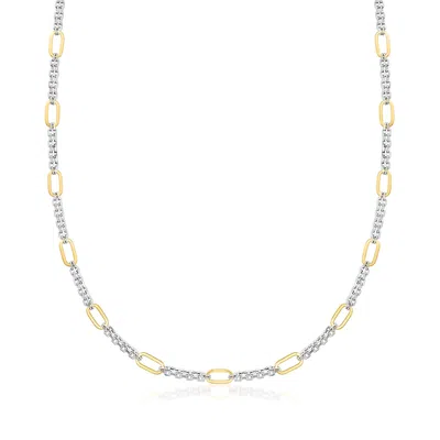 Ross-simons Sterling Silver And 18kt Gold Over Sterling Cable And Paper Clip Link Station Necklace