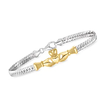 Ross-simons Sterling Silver And 18kt Gold Over Sterling Claddagh Cuban-link Bracelet In Multi
