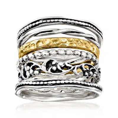 Ross-simons Sterling Silver And 18kt Gold Over Sterling Jewelry Set: 6 Textured Rings In White