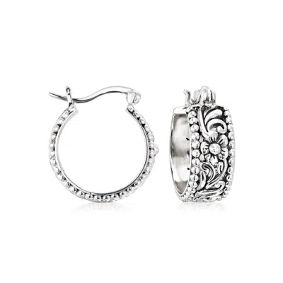 Ross-simons Sterling Silver Bali-style Floral Hoop Earrings In Multi