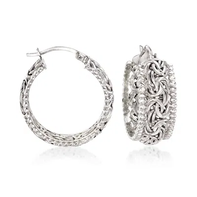 Ross-simons Sterling Silver Beaded-edge Byzantine Hoop Earrings In White