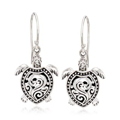Ross-simons Sterling Silver Filigree Turtle Drop Earrings In Metallic