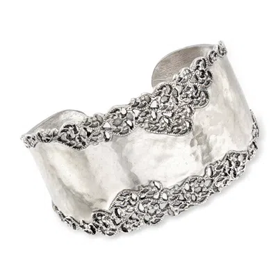 Ross-simons Sterling Silver Hammered And Polished Filigree Edge Wide Cuff Bangle Bracelet In Multi