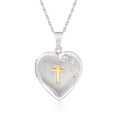 Ross-simons Sterling Silver Heart Locket Necklace With 14kt Yellow Gold Cross In Multi