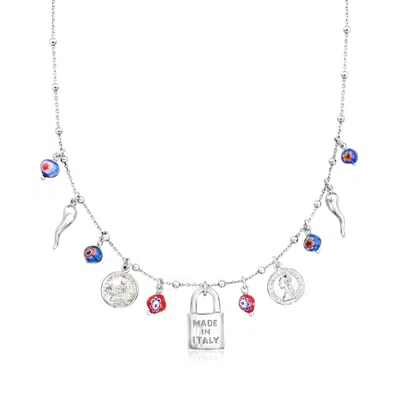 Ross-simons Sterling Silver Italian-inspired Charm Necklace With Multicolored Murano Glass Beads