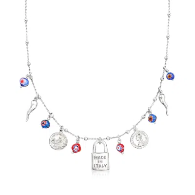 Ross-simons Sterling Silver Italian-inspired Charm Necklace With Multicolored Murano Glass Beads In Metallic