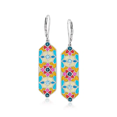 Ross-simons Swiss And London Blue Topaz Floral Drop Earrings With Multicolored Enamel In Sterling Silver