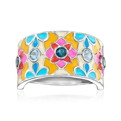 Ross-simons Swiss And London Blue Topaz Floral Ring With Multicolored Enamel In Sterling Silver