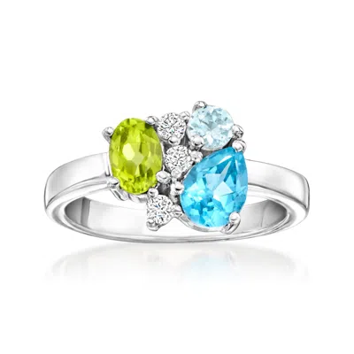 Ross-simons Swiss Blue Topaz, . Peridot And . Aquamarine Ring With . Lab-grown Diamonds In Sterling Silver