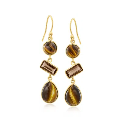 Ross-simons Tiger Eye And Smoky Quartz Drop Earrings In 18kt Gold Over Sterling In Multi