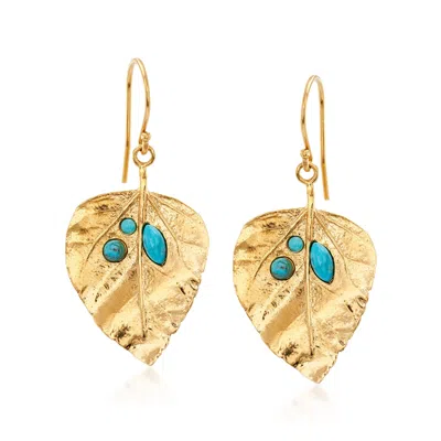 Ross-simons Turquoise And 18kt Gold Over Sterling Leaf Drop Earrings In Blue