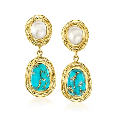 Ross-simons Turquoise And 7x9mm Cultured Pearl Drop Earrings In 18kt Gold Over Sterling
