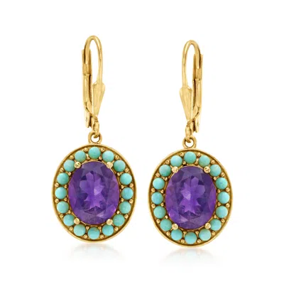 Ross-simons Turquoise And Amethyst Drop Earrings In 18kt Gold Over Sterling In Purple