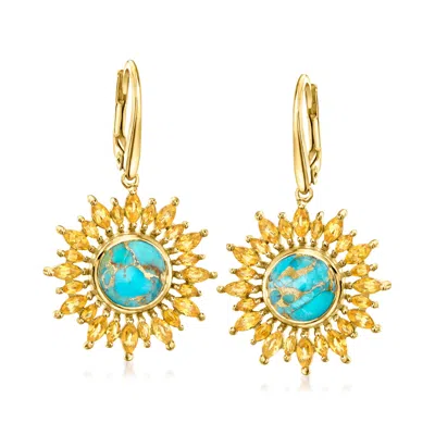 Ross-simons Turquoise And Citrine Sunflower Drop Earrings In 18kt Gold Over Sterling In Yellow