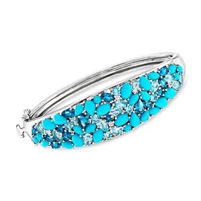 Ross-simons Turquoise And Tonal Blue Topaz Bangle Bracelet With White Zircons In Sterling Silver