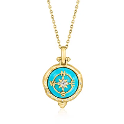 Ross-simons Turquoise Compass Pendant Necklace In 18kt Gold Over Sterling In Multi