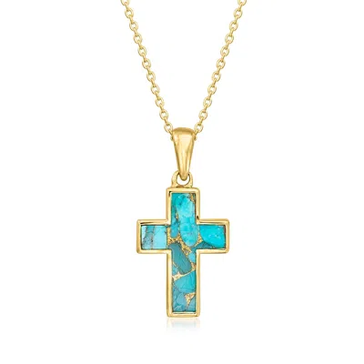 Ross-simons Turquoise Cross Pendant Necklace In 18kt Gold Over Sterling