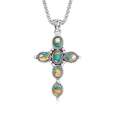 Ross-simons Turquoise Cross Pendant Necklace In Sterling Silver