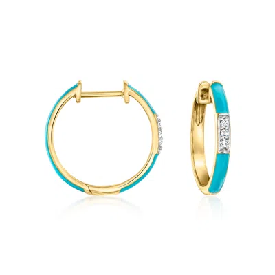 Ross-simons Turquoise Enamel And Diamond Hoop Earrings In 18kt Gold Over Sterling In Blue
