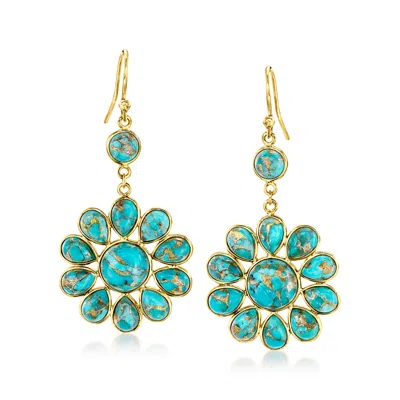 Ross-simons Turquoise Flower Drop Earrings In 18kt Gold Over Sterling In Blue