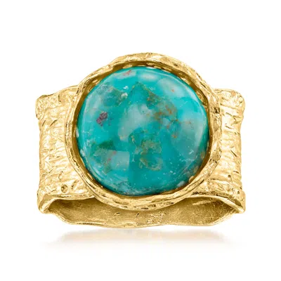 Ross-simons Turquoise Wide-band Ring In Textured And Polished 18kt Gold Over Sterling In Blue