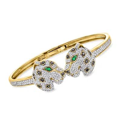 Ross-simons White And Black Diamond Leopard Cuff Bracelet With Emerald Accents In 18kt Gold Over Sterling In Multi