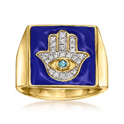 Ross-simons White And London Blue Topaz Hamsa Ring With Blue Enamel In 18kt Gold Over Sterling